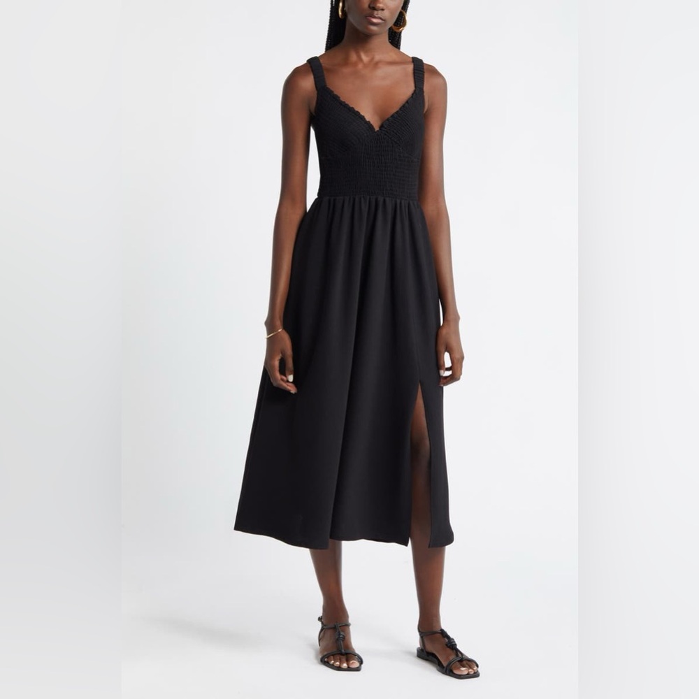 Nordstrom Black Midi Dress with V-Neck and Side Slit